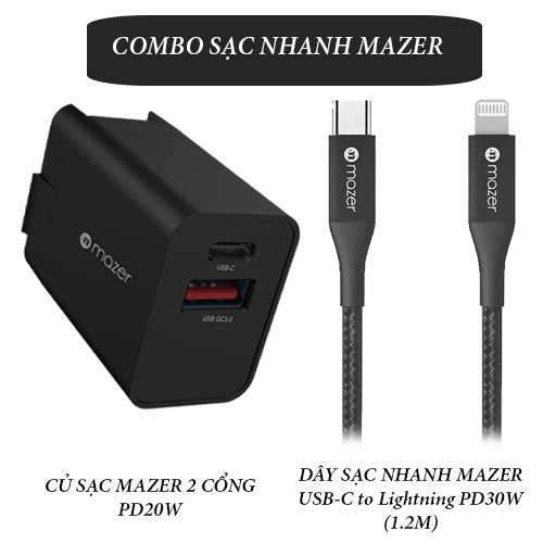Combo Mazer Củ Sạc Nhanh 20W Và Dây Cáp ALU.DURA.TEK II USB-C to Lightning 30W