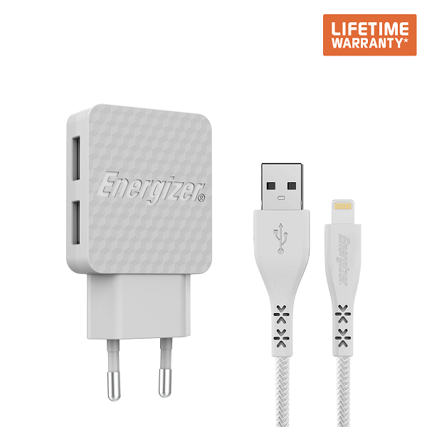 Sạc Energizer Lifetime warranty 3.4A 2USB kèm cáp Lightning-AC2CEULLIM