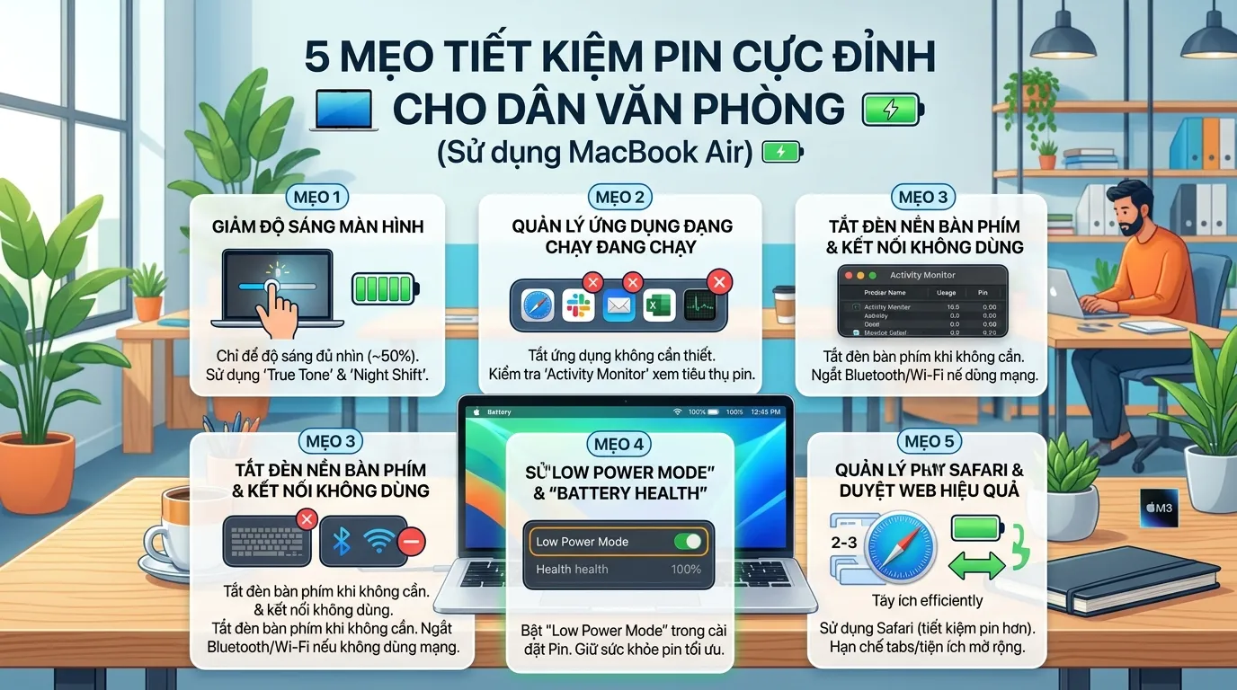 5 mẹo tiết kiệm pin MacBook Air cực đỉnh cho dân văn phòng